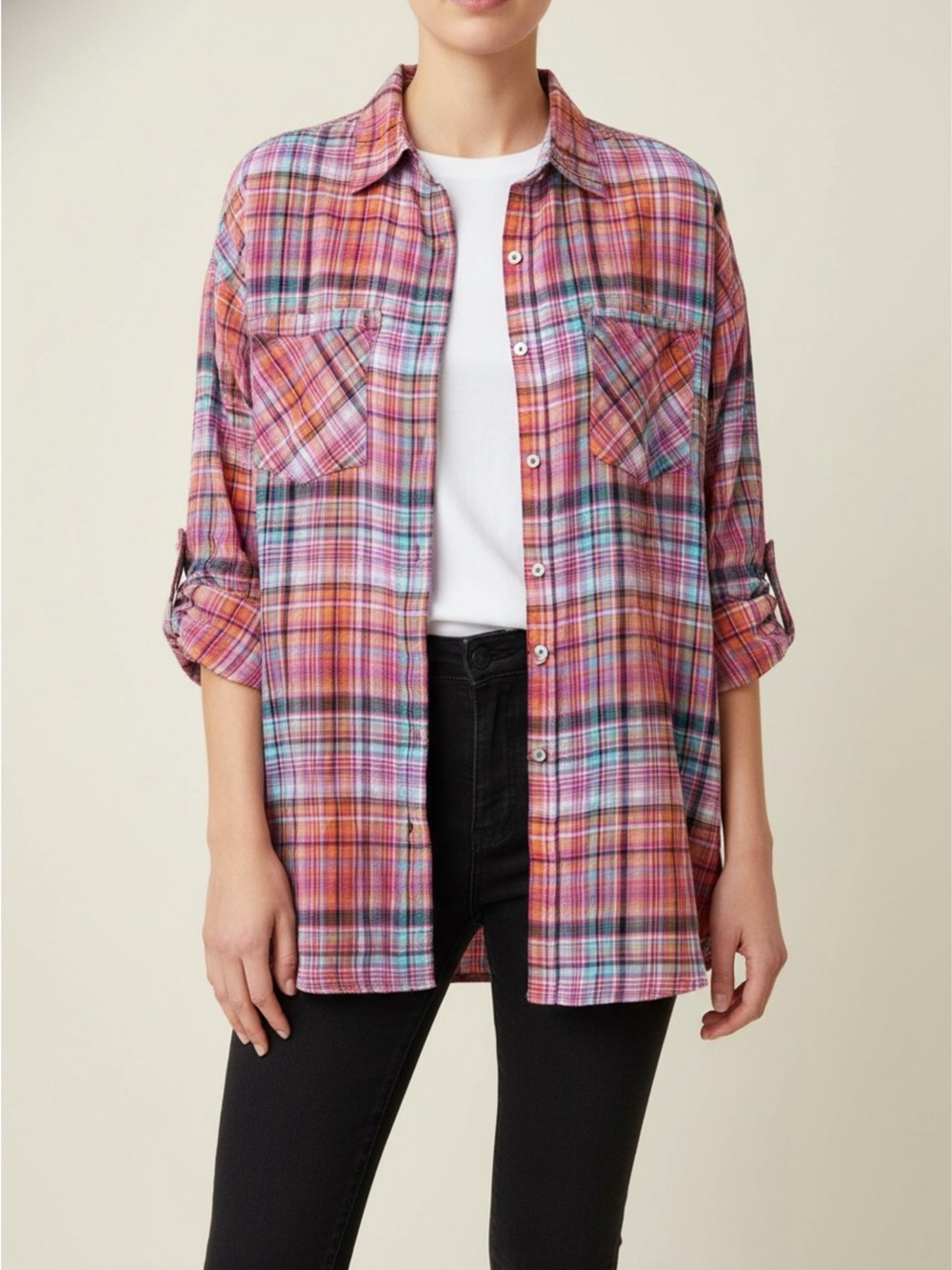 Plaid Button-Up Shirt Jacket - Pink, Orange & Blue